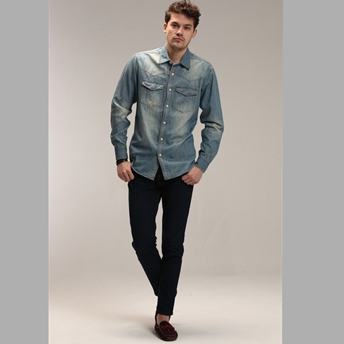POLOJIANI休閑服裝-個(gè)性洗水牛仔布時(shí)尚休閑長(zhǎng)袖襯衫